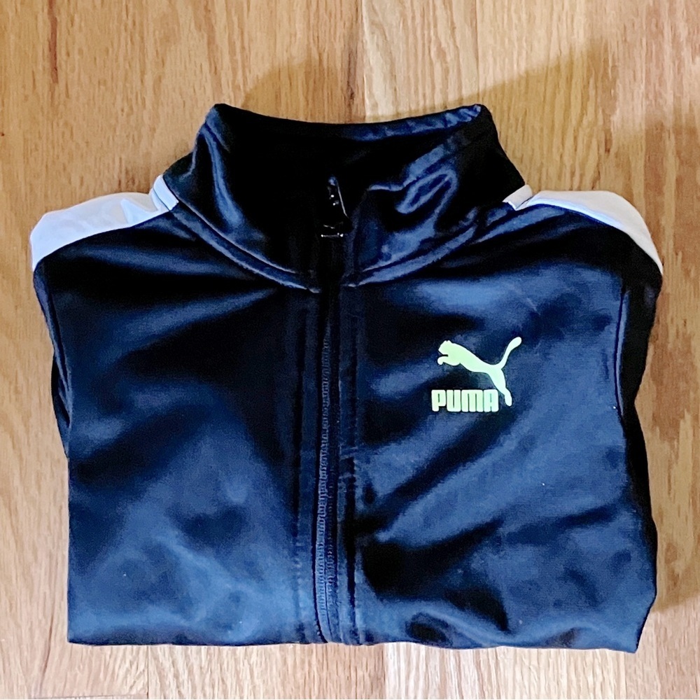 NWOT PUMA Boys Full Zip Track Jacket SIZE 5 Black Neon Yellow LOGO Pockets